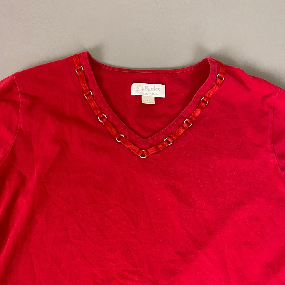 CJ Banks T-Shirt Plus Size 2X Red Long Sleeve V-Neck Embellished Cotton Stretch - Picture 2 of 9
